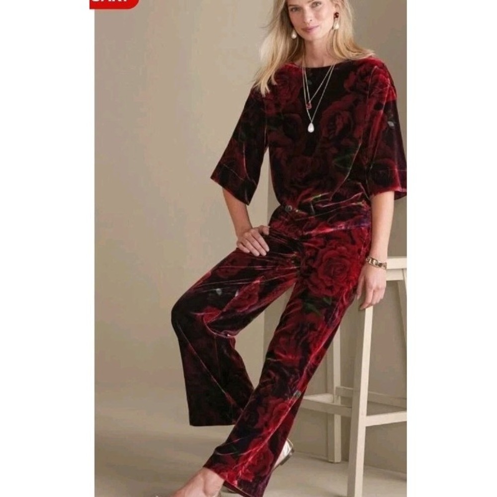Soft Surroundings Pants Medium Aria Wide Leg Velvet Floral Romantic Whimsigoth